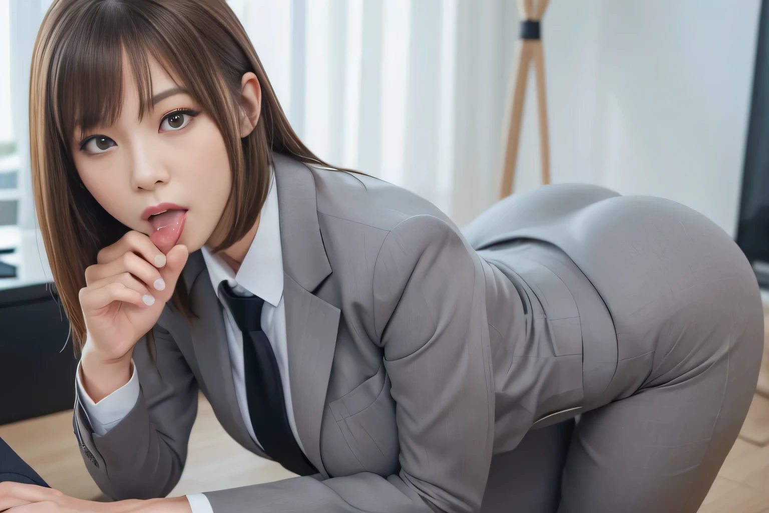 Viewer attention required、(((The most beautiful woman in the world giving a blowjob to a deliciously thick penis while looking at the camera 1 female:1.4)))、(The most beautiful Japanese female secretary in the world:1.4)、(Looking into the camera:1.4)、(With a friendly and wonderful smile:1.4)、Blowjob、Licking tongue(Licking tongue)、(((How)) Put penis in mouth:1.4)、Especially thick penis、bigpenis,(SHowing off big beautiful breasts:1.4)、(Fine skin:1.2), (Shiny skin:1.1),8k,Best Quality, masterpieceUltra-high resolution,(Realistic:1.4), RAW Photos,(Soft Saturation:1.3),(White skin:1.2),1 female, Compensate,(:1.1),(Eyeliner:1.1),mascara, Eyeshadow, Charming, Blonde and semi-brown hair, Medium Hair, Asymmetrical Hair, Asymmetrical bangs ,smile、(8k、RAW Photos、Best Quality、masterpiece:1.2)、Beautiful Japanese old lady、Looking into the camera、Best Quality, masterpieceUltra-high resolution, (Realistic:1.4), RAW Photos, Very detailed, Perfect Anatomy, Very beautiful Japanese female office worker、Rear View、(((Her beautiful, big, Her perfect ass is sticking out towards the camera:1.4)))、Very close to the butt、Drawing from the knees up、forward leaning posture、 1 girl, Age 25, ((He is wearing a light gray business suit and tight pants..、Point your butt up):1.2), (He is wearing a light gray business suit over a white dress shirt.。..。.。.。.), An innocent smile, Very cute face, very beautiful big black round eyes, Very beautiful slender body, perfect balance、Charming Body、Very beautiful breasts, Very beautiful buttocks in light gray business suit pants, Very beautiful slim thighs, very beautiful Realistic skin, Pay attention to the butt、Please turn around and look into the camera.、 A business suit with attention to detail, A good quality white dress shirt