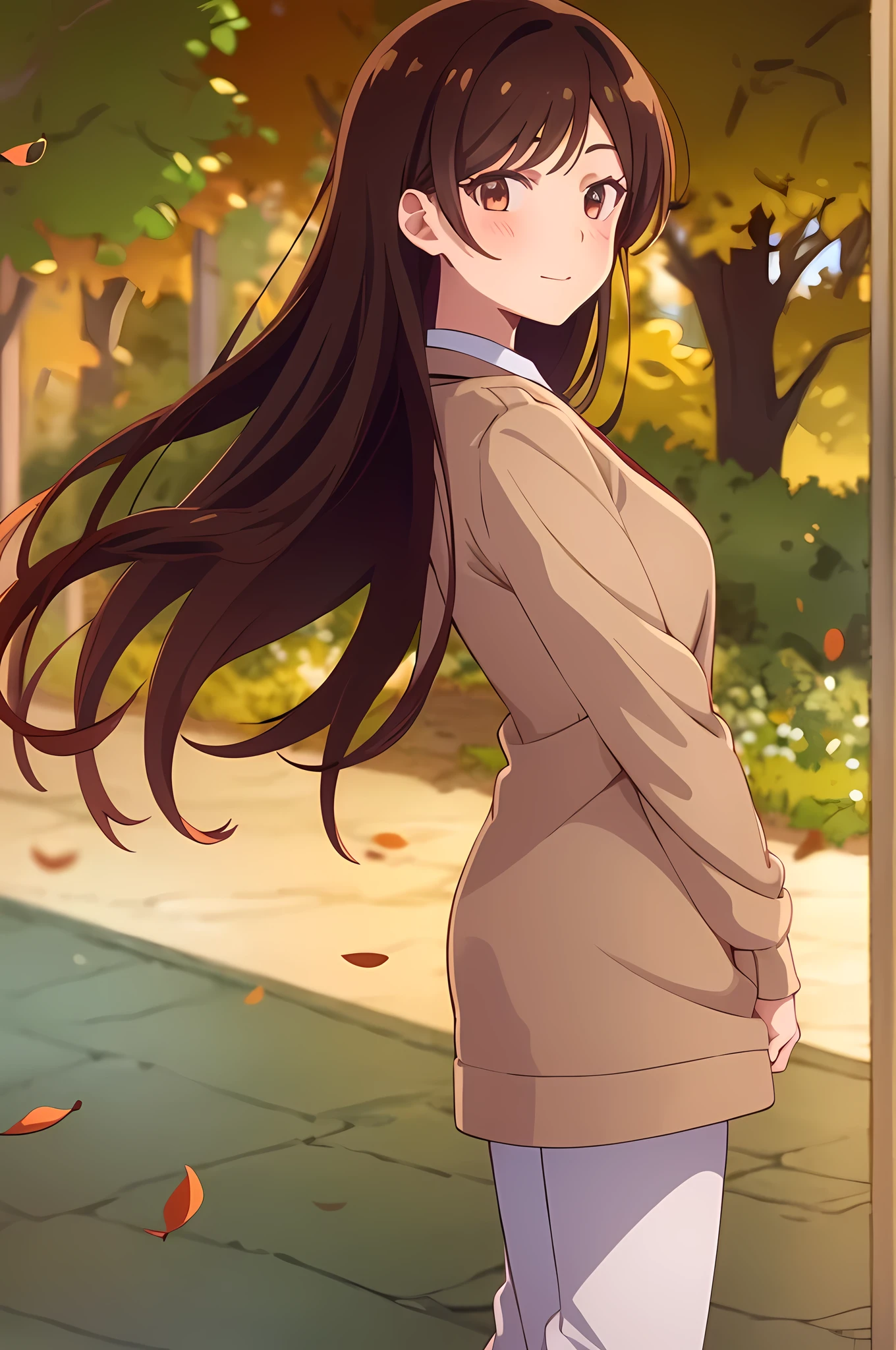 1 girl, alone, chizuru mizuhara, masterpiece, best quality, 8k wallpaper, beautiful detailed eyes, 1 girl, long hair, looking at viewer, blushing, brown hair, brown eyes. Light smile, autumn ambience, outdoors, falling leaves.