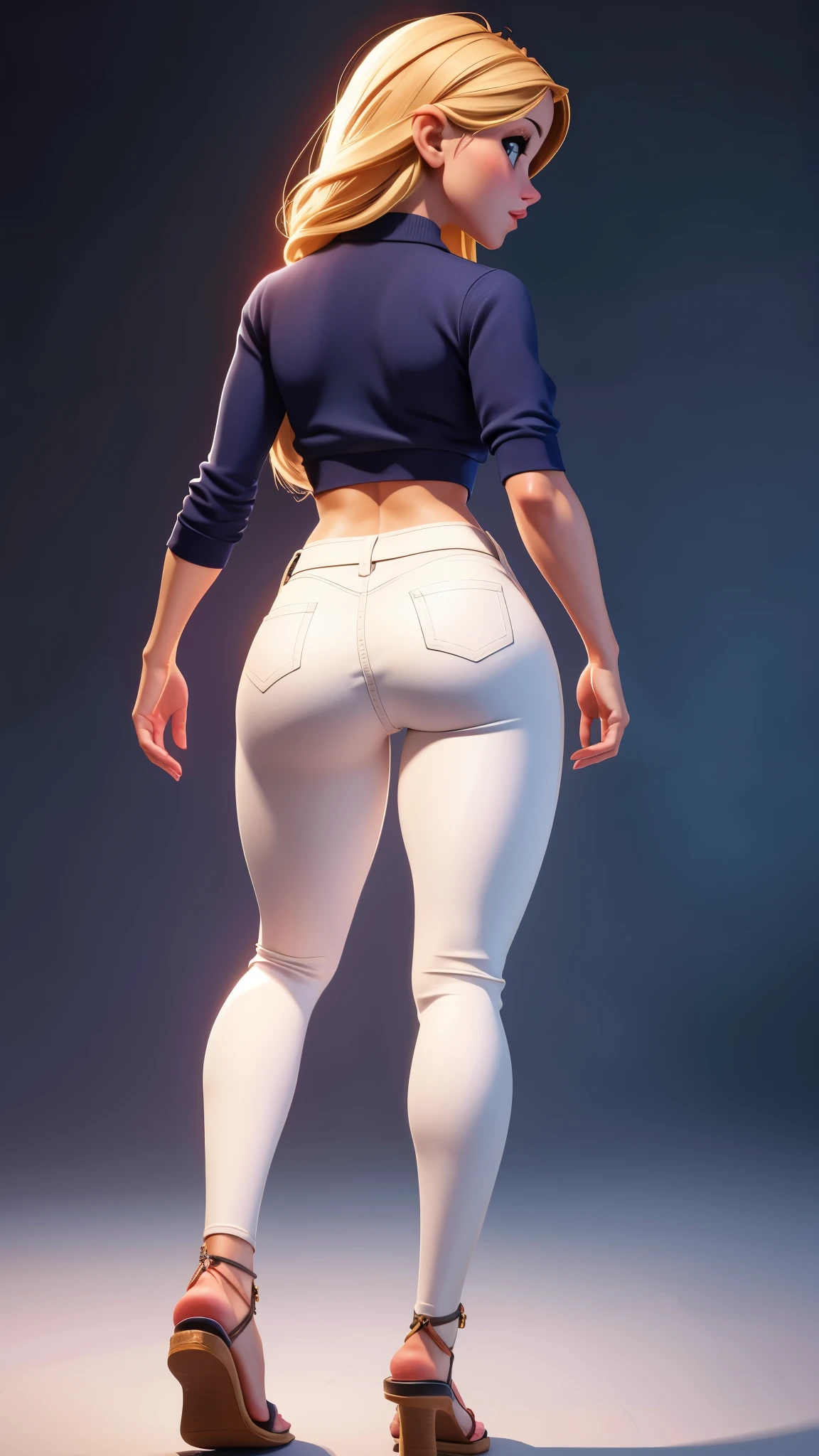1girl, Alone,full body,nice toes,pretty,nice legs,Textured Skin,Blush,detailed feet,detailed body,detailed fingers,detailed toes,cameltoe visible,Ribbon,lighting,barefoot,athletic body, cameltoe,showing cleavage,nice detailed waist,beautiful fingers,beautiful hands,beautiful legs,pretty face and eyes , abs , Looking at viewer, tight jeggings ,jeggings , tight polo shirt , crop top polo shirt , geta sandals , From Behind, 