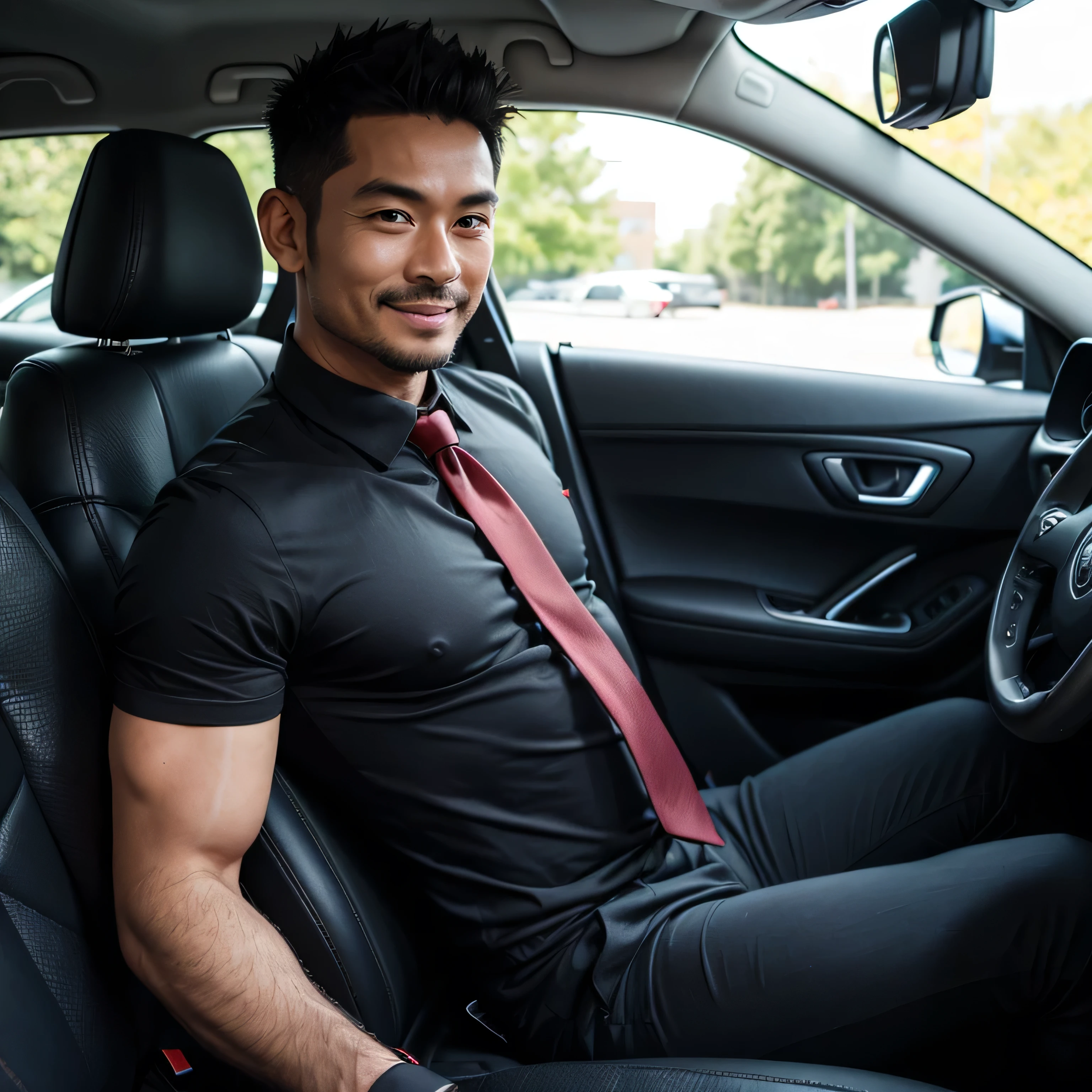 40 year old father,Two Men、Black Shirt、Red tie、black slim pants、Inside the car、,Muscular、Very short perm、Thinning hair、Asian Face　Stubble、Gay、The crotch of his pants is bulging. Smile.　Upper body close-up