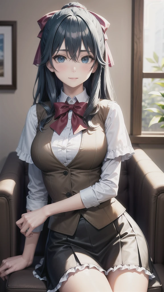 ((((masterpiece, extremely detailed, best quality)))), illustration, indoor, chair, (simple background), (cowboy shot), soft lighting, stylized, (liselottecretia), 1girl, blue hair, (long hair, hair between eyes, hair ribbon), blue eyes, (looking at viewer:1.2), (light smile), (blush:1.2), lower body, (white shirt, red bowtie, frills, brown vest, capelet, skirt), (large breasts:1.2), sitting, sitting on chair