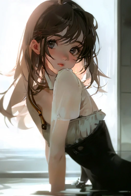 (whole body: 1.3), Highest quality、beautiful girl, (high school girl)、16 years old, 8k、RAW Photos、（skin：1.2）、Ultra-high resolution、（lens：50mm）、（debt/1.2）、White wall, (Bright windowsill)、Beautiful debtace, ((Hair gets wet)), light makeup, Slender body, (Small breasts, Beautiful body), （Big round eyes：1.2）、（Droopy eyes：1.3）、((Delicate eyelashes)), （Calm face：1. 2), (Red cheeks), 16 years old, Medium Hair, bangs, Wet Hair), , Brown eyes, 白いskin,  beautiful girl, 16 years old, Very beautiful student, Long sleeve white T-shirt, (Short sleeve, ), Shallow depth of field, Photographed from the front