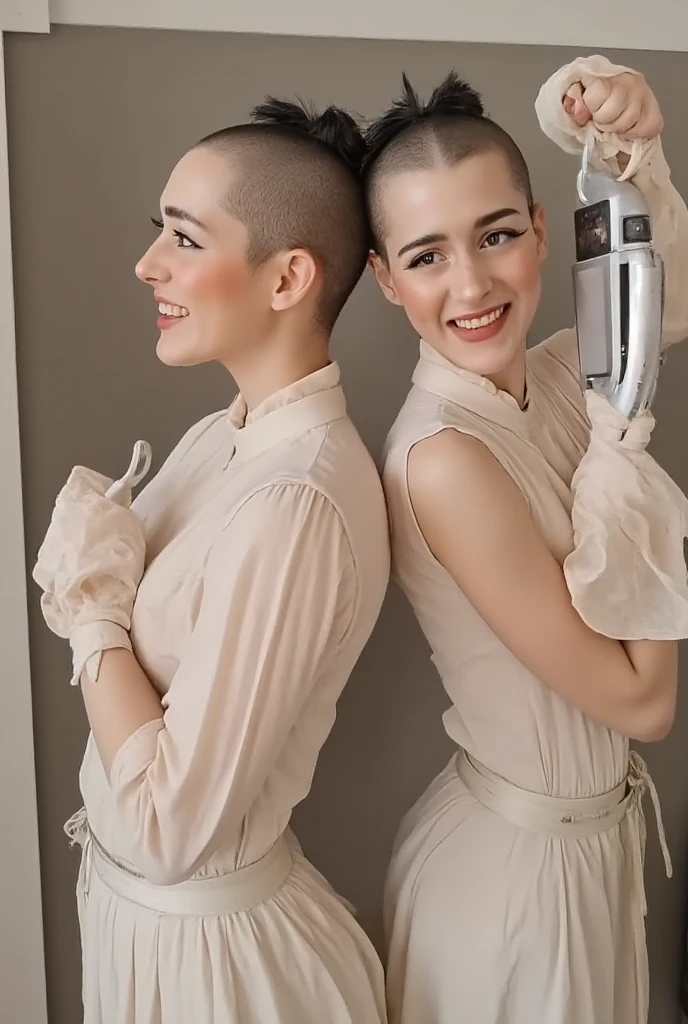 (((identical beautiful Italian twin sisters))), (((2))), ((((shaving the other's head)))), running hair clippers down the middle of their heads, ((partially finished shaving their long hair off with "electric hair clippers")), long hair being shaved making them bald women. excited, nervous, happy, looking at hair clipper and viewer, holding hair clippers in one hand, holding long cut-off hair in their other hand, photo realistic,

