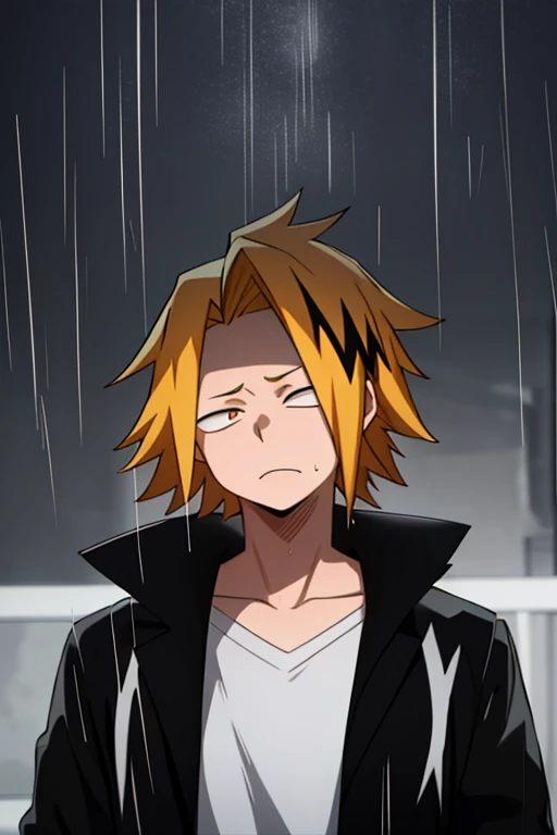 masterpiece, best quality, high quality, 1boy, solo, male focus, looking at viewer, upper body, kaminari_denki, blonde hair, multicolored_hair, Depressive, lost look looking down at the ground, rainy day in a deserted park, depressed, lost look, pupils looking at the ground, black shadow on the face, eyes half closed, Wet hair, look: looking towards the ground, Black jacket on, hands in jacket pockets, heavy rain, Look: depressed