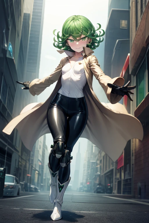 Masterpiece, best quality, ultra detailed, illustration, lighting epic, cinematic composition, 1 girl, Tatsumaki, short hair, green hair, very small breasts, green eyes, bright eyes, smiling, blushing, closed mouth, piercing gaze, full body, long beige trench coat, open trench coat, black fingerless gloves, white shirt, white nanotechnology suit, black pants, white knee pads, metallic white boots, nanotechnology in the air, city background, anime