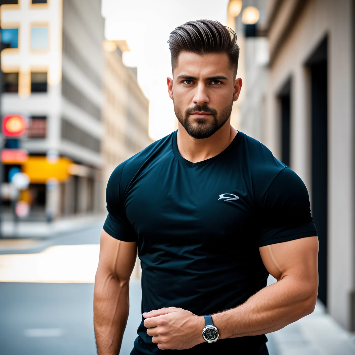 1man, A lateral medium shot of a charismatic male fitness model, 30 years old，small beard, upset expression，gloomy eyes，Blue eyes, captured in a street, wearing a shirt, blak pants, golden hour lighting, cinematic and moody, (best quality,4k,8k,highres,masterpiece:1.2),ultra-detailed,(realistic,photorealistic,photo-realistic:1.37),HDR,studio lighting,professional,vivid colors,dramatic lighting