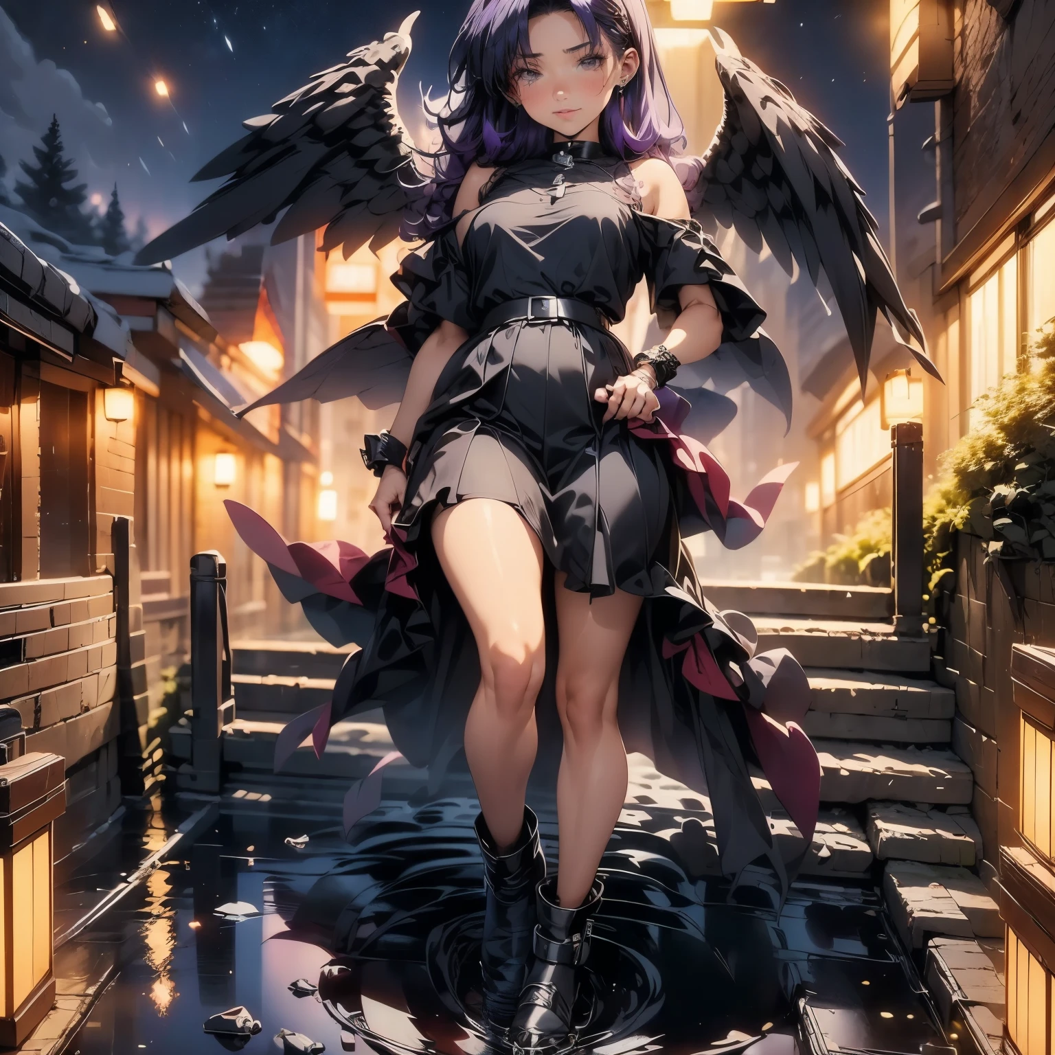 (masterpiece), best quality, 1girl, expressive eyes, perfect face, (purple hair), perfect anatomy, full body, 4k, HDR, full HD, solo, Beautiful angel with black wings, fitted black dress, she wears dark makeup , eyes lined with black, black lips, he is walking-floating on a frozen river, it is night,