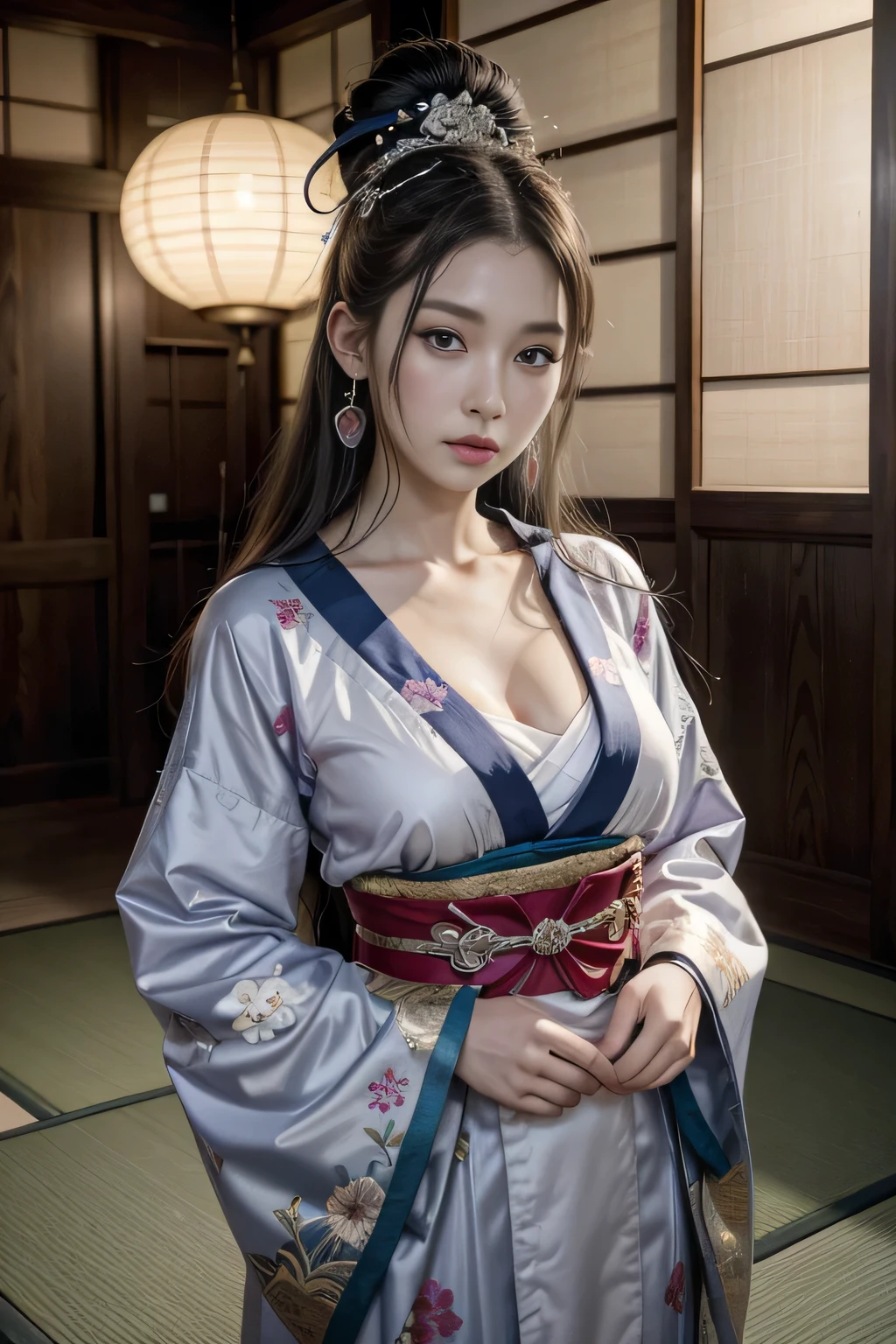 (((sit on a futon in a Japanese-style room:1.3)))(((Gorgeous courtesan kimono:1.7))),(Beautiful mature woman dressed as an aristocrat's courtesan),(((A flashy and extravagant courtesan's costume:1.3))),(Glamorous Jar),(Gorgeous floral hair ornament),Gorgeous floral braided top knot,(Very delicate and beautiful hair,),(((Accentuate larger breasts:1.3))),Cute round face,Detailed clothing features,Detailed hair features,Detailed facial features,Looking at the camera,(Dynamic Angle),(Dynamic and sexy pose),Cinematic Light,(Ultra-high resolution output images,Written boundary depth,Intricate details,Light and shadow contrast、The subject appears three-dimensional,) ,Single-lens reflex camera, (Realistic:1.3),(8K quality,Anatomically correct facial structure,),(SeaArt 2 Mode:1.3),(Picture Mode Ultra HD,)