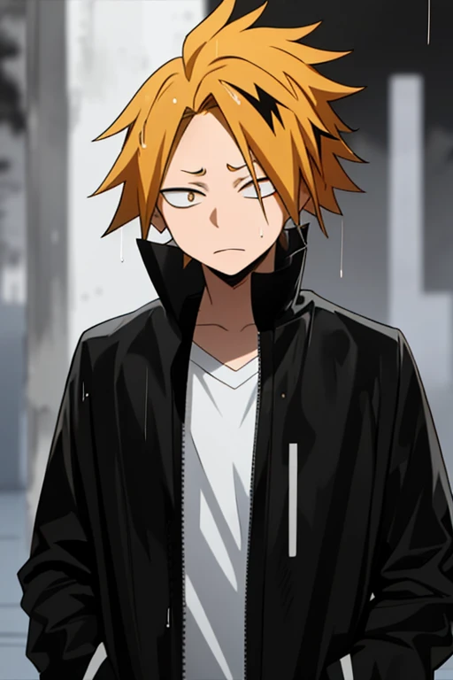 masterpiece, best quality, high quality, 1boy, solo, male focus, looking at viewer, upper body, kaminari_denki, blonde hair, multicolored_hair, Depressive, lost look looking down at the ground, rainy day in a deserted park, depressed, lost look, pupils looking at the ground, black shadow on the face, eyes half closed, Wet hair, look: looking towards the ground, Black jacket on, hands in jacket pockets, heavy rain, Look: depressed, Decayed hair