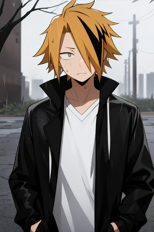 masterpiece, best quality, high quality, 1boy, solo, male focus, looking at viewer, upper body, kaminari_denki, blonde hair, multicolored_hair, Depressive, lost look looking down at the ground, rainy day in a deserted park, depressed, lost look, pupils looking at the ground, black shadow on the face, eyes half closed, Wet hair, look: looking towards the ground, Black jacket on, hands in jacket pockets, heavy rain, Look: depressed, Decayed hair