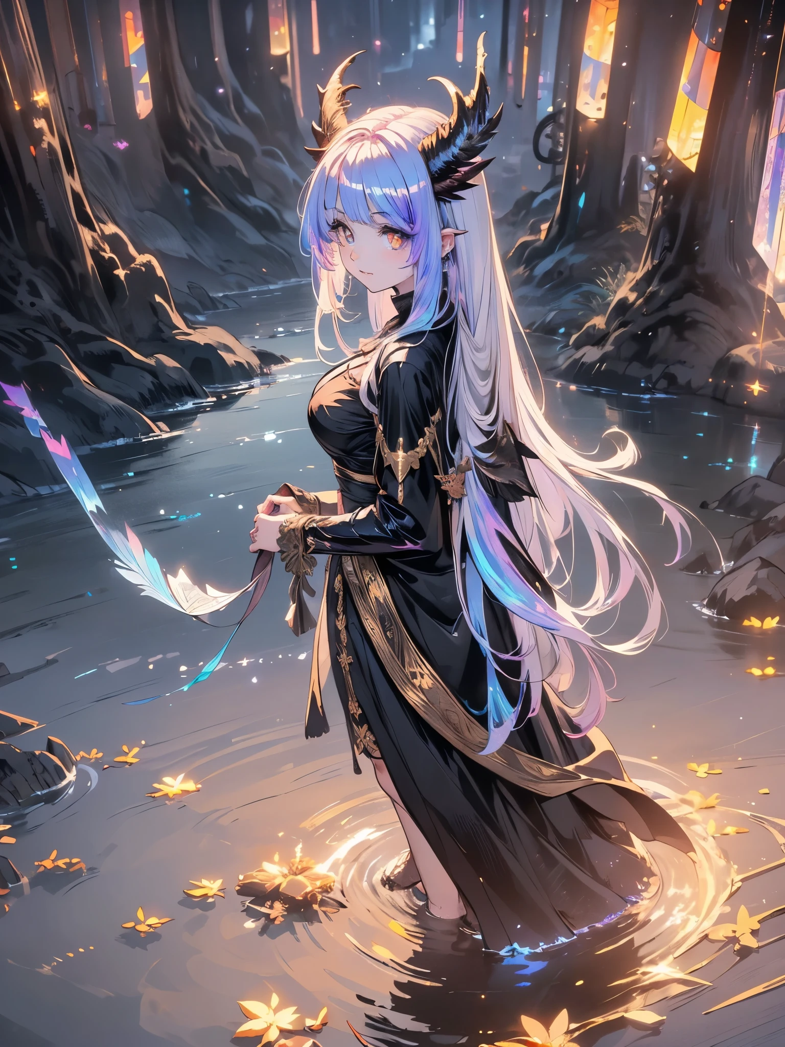 Create a hybrid demon child with owl half child with owl traits and feathers for a DND RPG with big owl wings and owl eyes, Demon child, demon Horns, Imposingness, white eyes, white hair, Maou, White eyelashes, cenary lord of hell, full body, {extremely detailed 16k unity CG wallpaper}, expansive landscape photography, (a slightly overhead view focusing on the character and wide scenery), (wide view of open field), (photo at a slight angle above), (high light: 1.4), (low light:1.5), (source of warm light: 1.0), complex details, (Cores iridescentes: 1.8), (bright lighting in the right places), (atmospheric lighting)