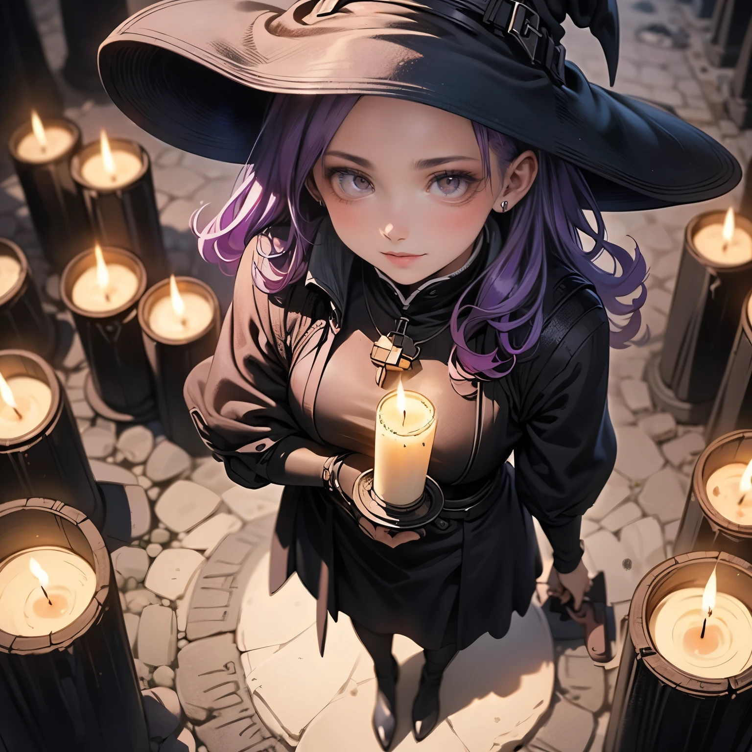 (masterpiece), best quality, 1girl, expressive eyes, perfect face, (purple hair), perfect anatomy, full body, 4k, HDR, full HD, alone, a witch's apprentice, with the characteristic clothing of a beautiful witch, this Standing inside a summoning circle, there are candles and accessories that witches use,