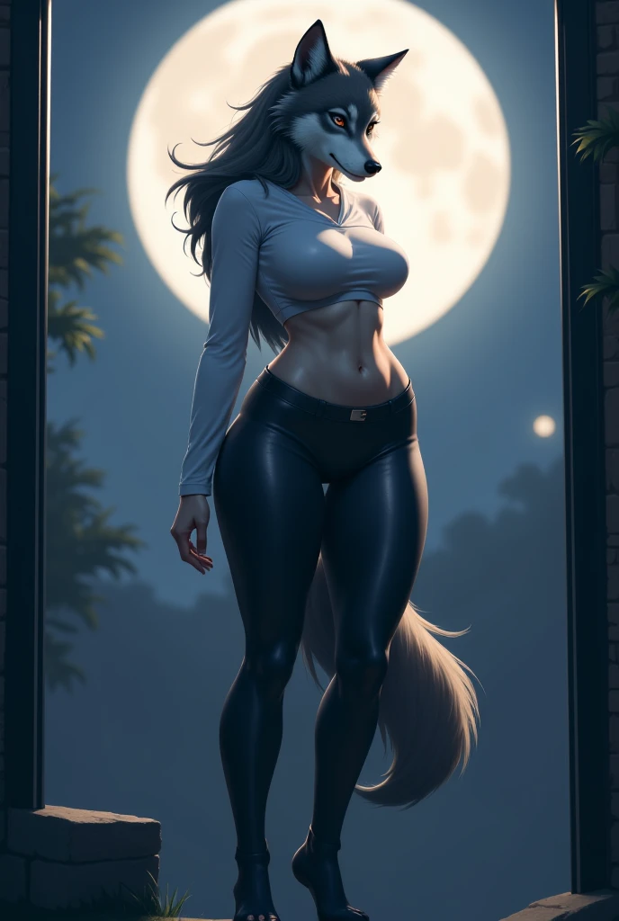 Female ferret, concept art, masterpiece, back view, tail, high quality, feet, nude, seductive, butt, tall, 