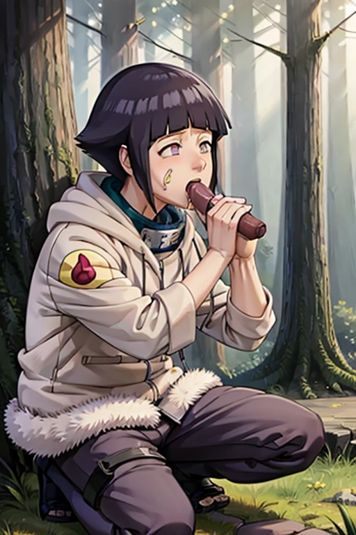 hinata, jacket, pants down, is located in a forest, kneeling, performing oral sex on the viewer, penis inside her mouth, has semen on his face, semen in the mouth, He is very hungry for penis, eyes of love, side view