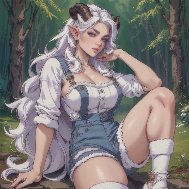 a well-characterized female satyr, beautiful detailed eyes, beautiful detailed lips, extremely detailed eyes and face, long eyelashes, white curly hair, white eyebrows, purple eyes, forearms with white fur, legs with white fur, goat feet, wearing shorts style overalls, large bust, wide hips, female satyr with horns, cute, docile style, sitting on the ground looking at the viewer, forest setting, (best quality,4k,8k,highres,masterpiece:1.2),ultra-detailed,(realistic,photorealistic,photo-realistic:1.37),HDR,UHD,studio lighting,ultra-fine painting,sharp focus,physically-based rendering,extreme detail description,professional,vivid colors,bokeh,concept art