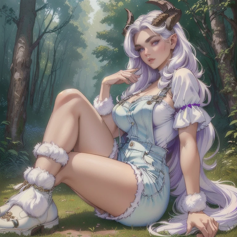 a well-characterized female satyr, beautiful detailed eyes, beautiful detailed lips, extremely detailed eyes and face, long eyelashes, white curly hair, white eyebrows, purple eyes, forearms with white fur, legs with white fur, goat feet, wearing shorts style overalls, large bust, wide hips, female satyr with horns, cute, docile style, sitting on the ground looking at the viewer, forest setting, (best quality,4k,8k,highres,masterpiece:1.2),ultra-detailed,(realistic,photorealistic,photo-realistic:1.37),HDR,UHD,studio lighting,ultra-fine painting,sharp focus,physically-based rendering,extreme detail description,professional,vivid colors,bokeh,concept art