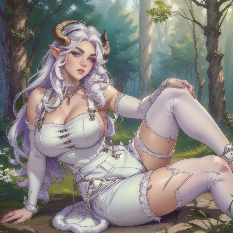 a well-characterized female satyr, beautiful detailed eyes, beautiful detailed lips, extremely detailed eyes and face, long eyelashes, white curly hair, white eyebrows, purple eyes, forearms with white fur, legs with white fur, goat feet, wearing shorts style overalls, large bust, wide hips, female satyr with horns, cute, docile style, sitting on the ground looking at the viewer, forest setting, (best quality,4k,8k,highres,masterpiece:1.2),ultra-detailed,(realistic,photorealistic,photo-realistic:1.37),HDR,UHD,studio lighting,ultra-fine painting,sharp focus,physically-based rendering,extreme detail description,professional,vivid colors,bokeh,concept art