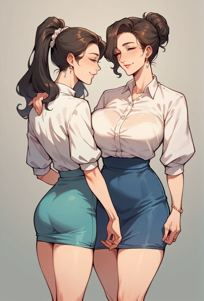 Lovely face,adult,Coquettish,mature,simple outfit,elegance,ponytail hair ,skirt, shirt,kabedon, teacher kissing student