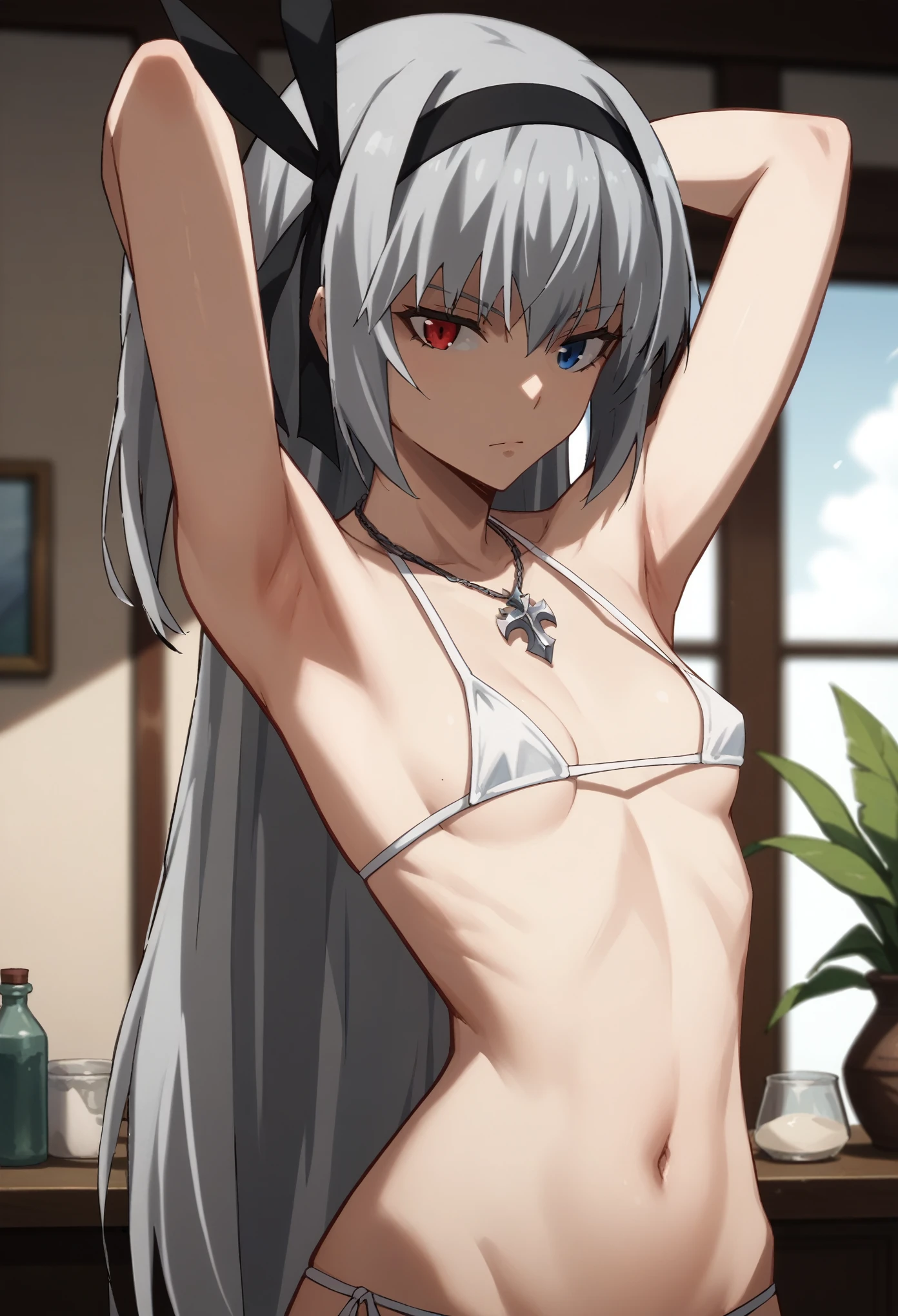 score_9, score_8_up, score_7_up, sauce_anime, ValentineTS, long hair, grey hair, heterochromia, red eyes, blue eyes, black hairband, hair ribbon, clavicle, cleavage, bare arms, bare shoulders, armpit, belly, stomach, navel, micro bikini, white bikini, cross necklace, indoors, upper body, (Beautiful, small breasts: 1.2), natural breasts, small breast 