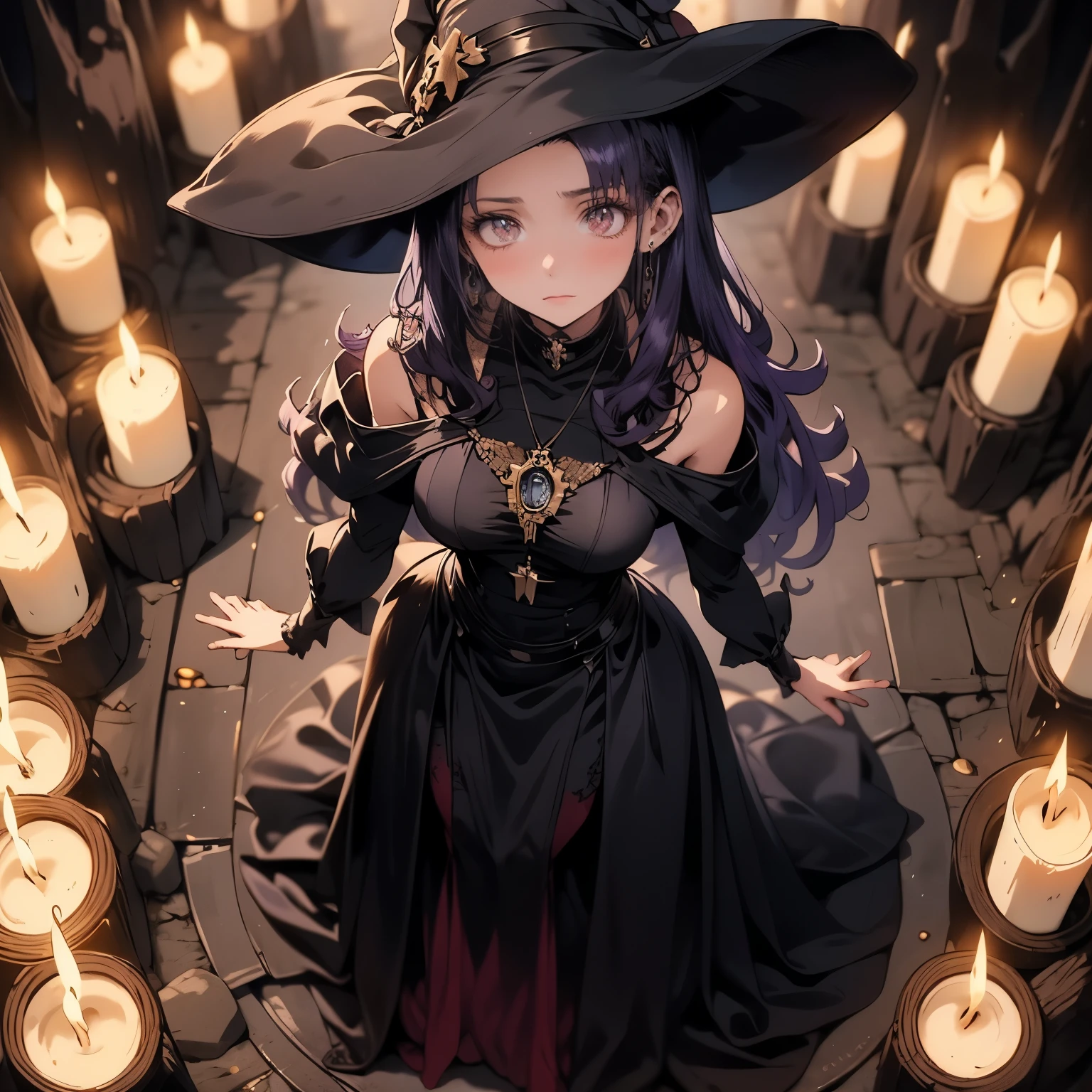 (masterpiece), best quality, 1girl, expressive eyes, perfect face, (purple hair), perfect anatomy, full body, 4k, HDR, full HD, alone, a witch's apprentice, with the characteristic clothing of a beautiful witch, the Her clothes have red and purple details, she is standing inside a summoning circle, there are candles and accessories that witches use,