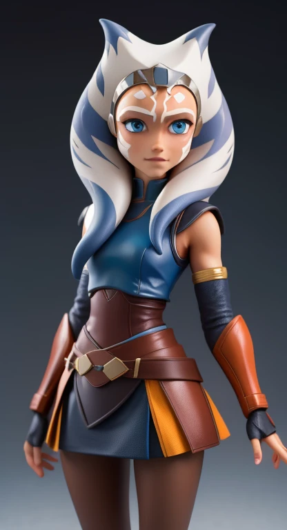 (masterpiece of the highest quality, Super detailed), Ahsoka Tano ,Clone Wars,Ahsoka Tano, (Orange peel:1.2), sexy, young, Teen, , blue eyes, compensate, Small breasts, Blue Shirt, vambraces, Fingerless gloves, Hip Armor, Blue Skirt, Blue leggings, anime/cartoon character wearing a 女の子s,Standing, Watching the audience