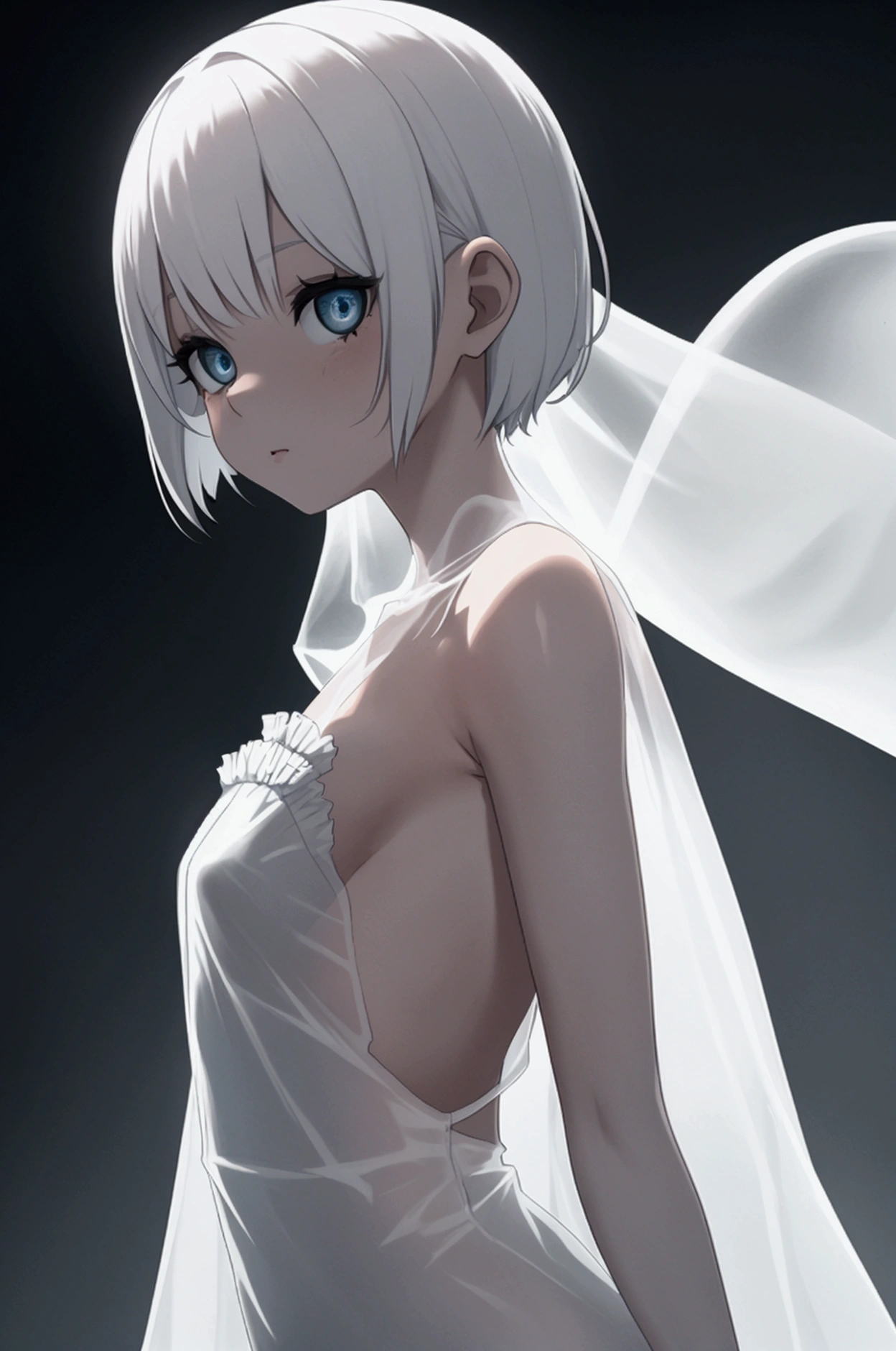 NSFW、((Rei Ayanami、evangerion))、primary school student、、No breasts、small breasts、low cephalobody、、full nude、Expressionless、short hair、a lot of sweat、bridal costume、Wedding Veil、church、Fluttering petals