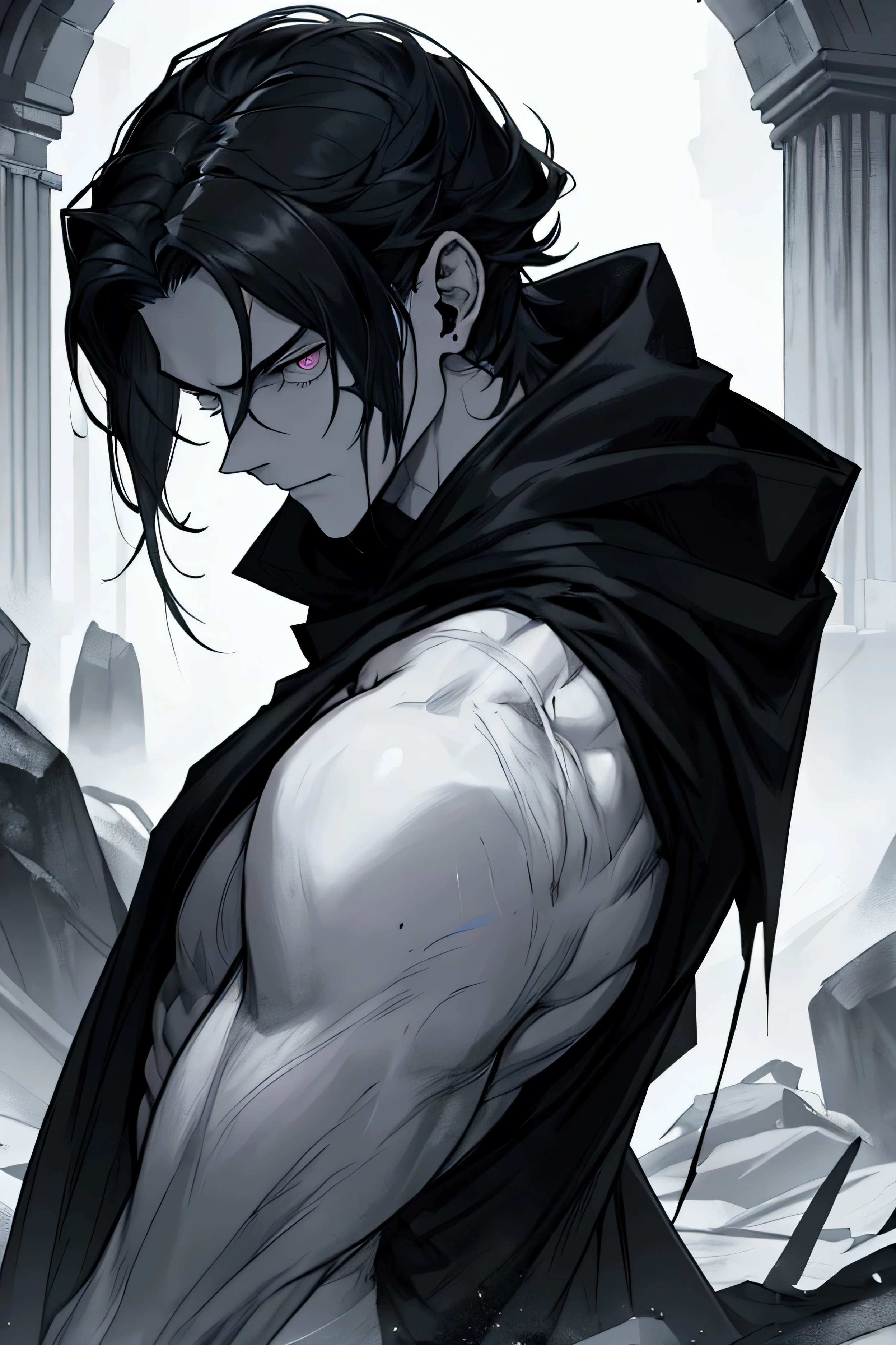 Dark throne, dark light, dark environment, dark masterpiece, young boy, full body size, oriental fantasy theme, crimson eyes, vertical pupils, underworld, long gray hair, cold look, tattoos, dark and light clothes, pale skin, color gradation, dark illustration, the person in the middle, extreme quality, radiant face, extremely detailed, ultra detailed, ultra hd 8k, ultra digitality,  mythical, dark ray, conceptual art portrait of Greg Rutkowski, Germanic art, hyperdetailed, intricately detailed gothic art, dark gothic fantasy style, triadic colors, fantastic, intricate detail, initial screen, complementary colors, fantasy concept art, 8k resolution, gothic masterpiece deviantart, oil painting, heavy strokes, soft lighting, film photography, photography, film grain, hyperrealism, oil drip