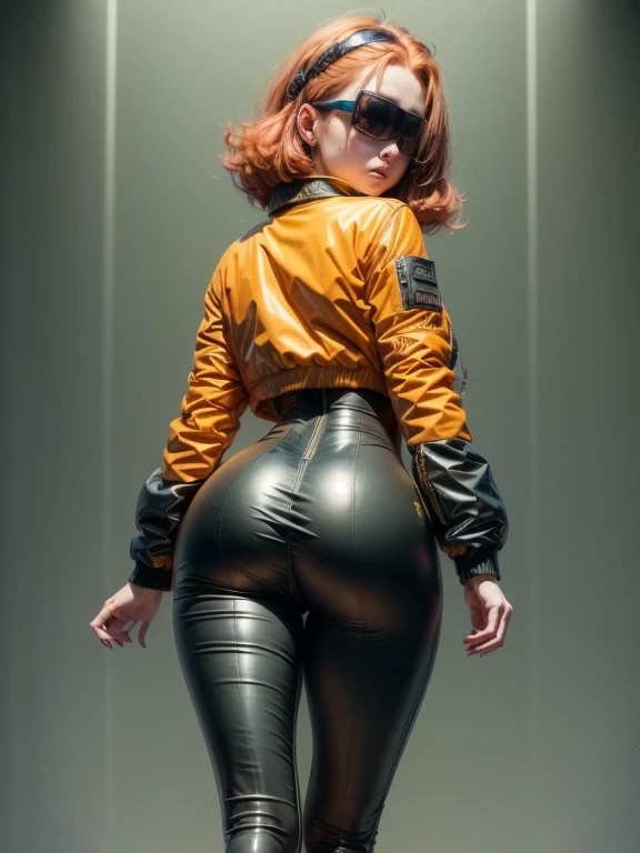 A girl with red hair seen from behind, she is wearing black latex leather pants that show off her ass, she is wearing a yellow jacket, cyberpunk modern vision, masterpiece, high quality, 8k