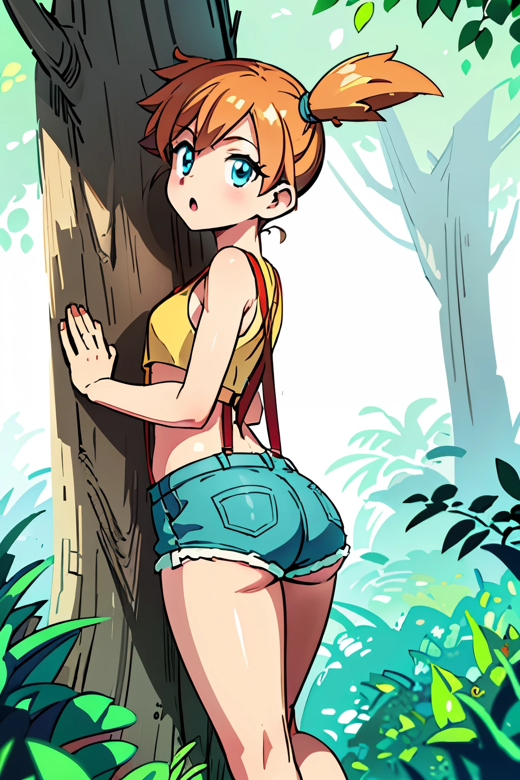 Misty from Pokemon, 1 girl,Alone,g-string denim short shorts, surprised expression, clavicle ,no shirt, red suspenders,looking back at the viewer,outside,depth of field, leaning against tree, legs, cameltoe, playful, Masterpiece, Best Quality, absurdities, high resolution, 4k, ray tracing, intricate details, Very detailed, (1 girl:Perfect face, beautiful, small breasts, small) Highqlb:perfect mouth, makeup screenshot, perfect jaw, good fortune hing