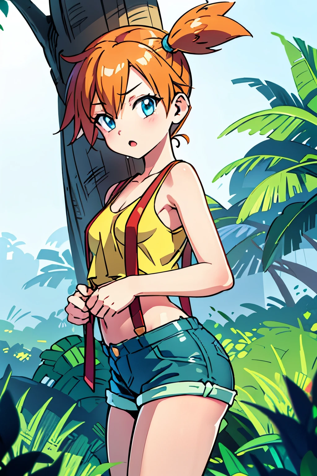 Misty from Pokemon, 1 girl,Alone,g-string denim short shorts, surprised expression, clavicle ,no shirt, red suspenders,looking back at the viewer,outside,depth of field, leaning against tree, legs, cameltoe, playful, Masterpiece, Best Quality, absurdities, high resolution, 4k, ray tracing, intricate details, Very detailed, (1 girl:Perfect face, beautiful, small breasts, small) Highqlb:perfect mouth, makeup screenshot, perfect jaw, good fortune hing