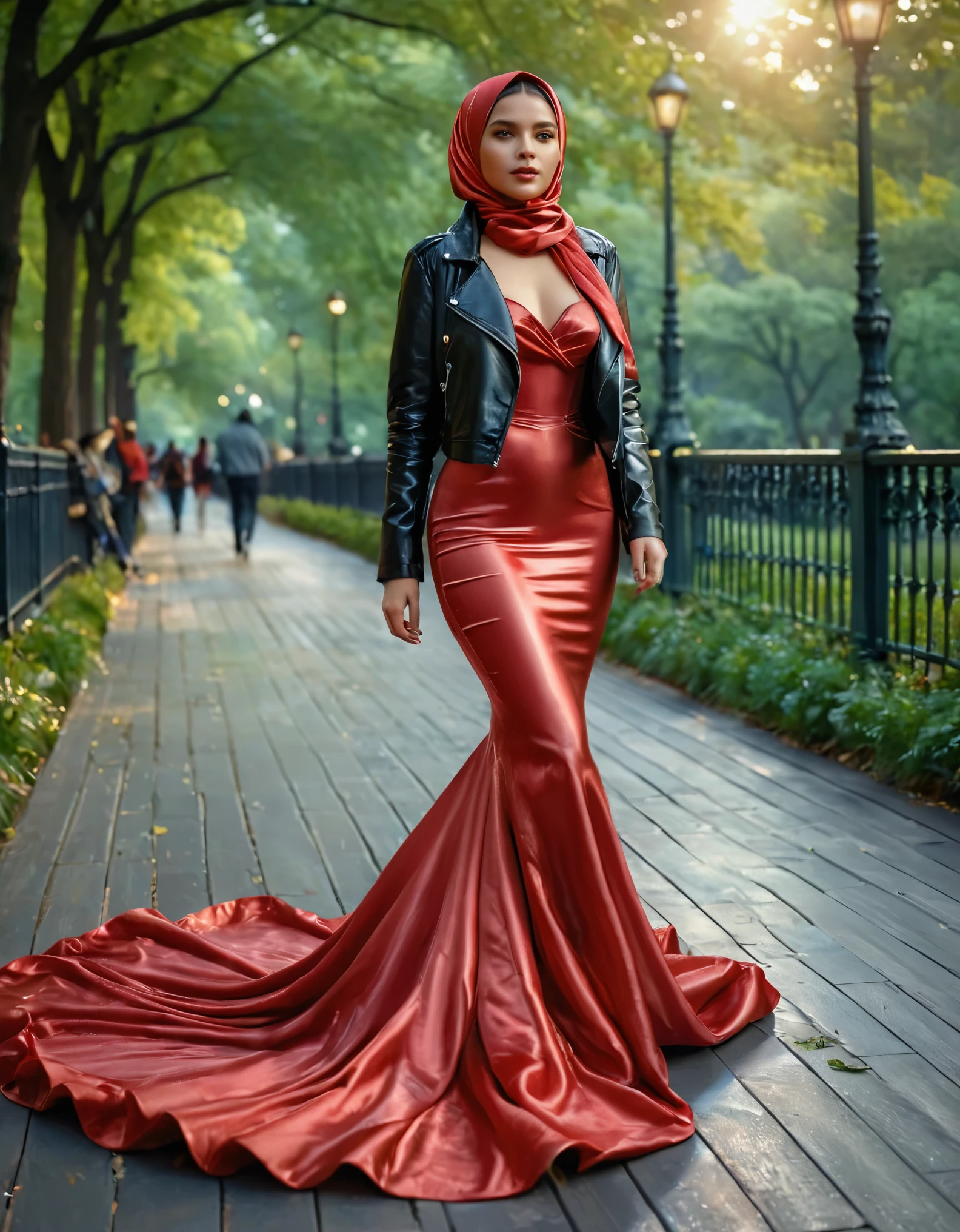 A woman shrouded in a 10-meter-long, plush red satin shimmer cloth, wear black leather jacket,tightly bound and grandly draping along the form of her body, flowing off into a pooled floor-length train, styled in a mermaid-inspired outfit, poof style in bottom dress, wear white satin shimmer simple hijab, 175 height woman, walk in central park, a full-body pose conveying a sense of elegance, captured in a 4k resolution, ultra-realistic, (best quality,4k,8k,highres,masterpiece:1.2),ultra-detailed,(realistic,photorealistic,photo-realistic:1.37),HDR,UHD,studio lighting,ultra-fine painting,sharp focus,physically-based rendering,extreme detail description,professional,vivid colors,bokeh,portraits,fantasy,cinematic lighting