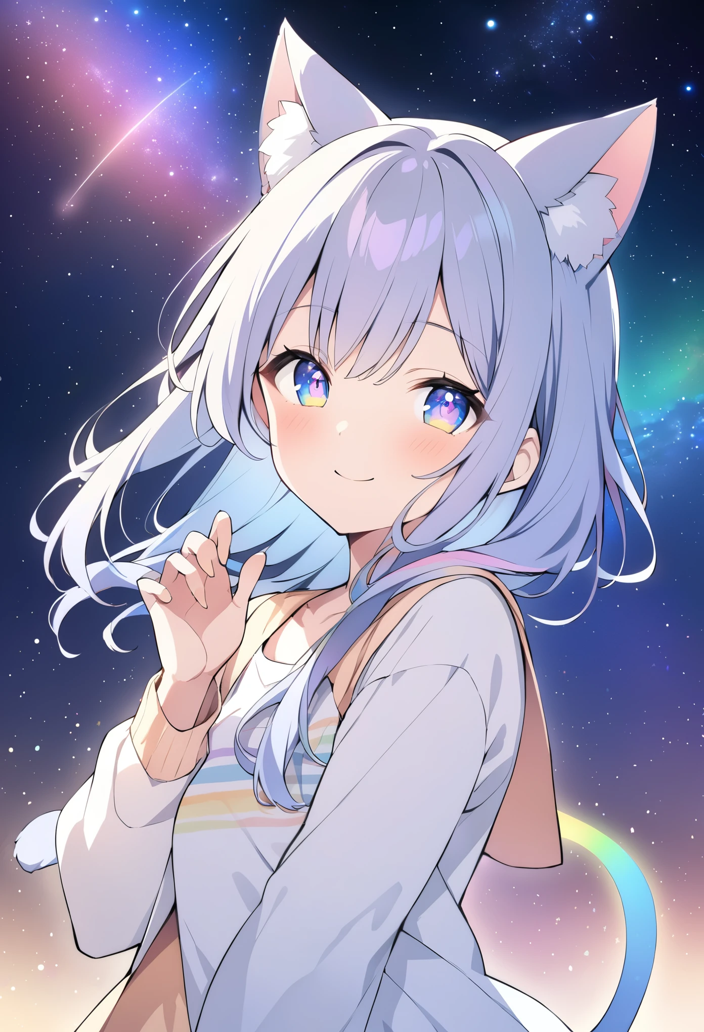 masterpiece、girl、Rainbowの髪、Shining Eyes、cat ears、smile、Shining Background、Starry Skyスキー、Rainbow、Starry Sky、milky way、Upper Body