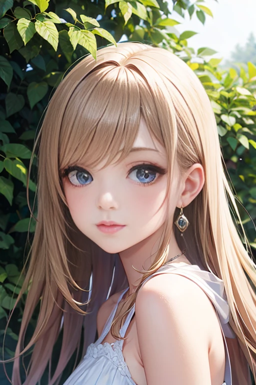 blonde、girl、topless、close up of face、garden