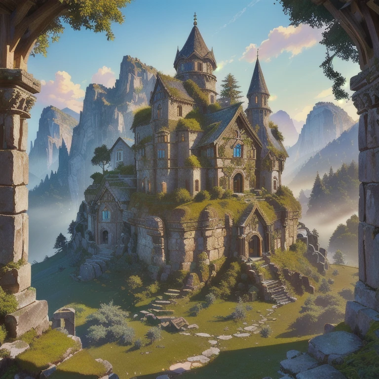 detailed citadel of the satyrs, rustic celtic style buildings, harmonious detailed huts, clear sunny sky, mossy stones, wooden textures, fantasy landscape, mist, magical atmosphere, beautiful lighting, lush greenery, rocky cliffs, intricate architecture, ancient ruins, (best quality,4k,8k,highres,masterpiece:1.2),ultra-detailed,(realistic,photorealistic,photo-realistic:1.37),dramatic lighting,vibrant colors,cinematic composition