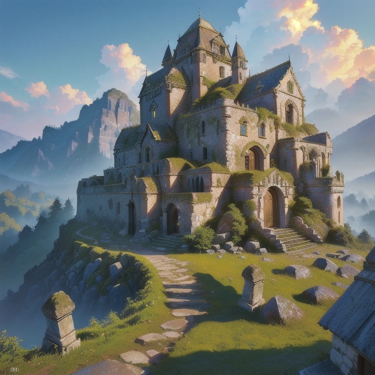 detailed citadel of the satyrs, rustic celtic style buildings, harmonious detailed huts, clear sunny sky, mossy stones, wooden textures, fantasy landscape, mist, magical atmosphere, beautiful lighting, lush greenery, rocky cliffs, intricate architecture, ancient ruins, (best quality,4k,8k,highres,masterpiece:1.2),ultra-detailed,(realistic,photorealistic,photo-realistic:1.37),dramatic lighting,vibrant colors,cinematic composition