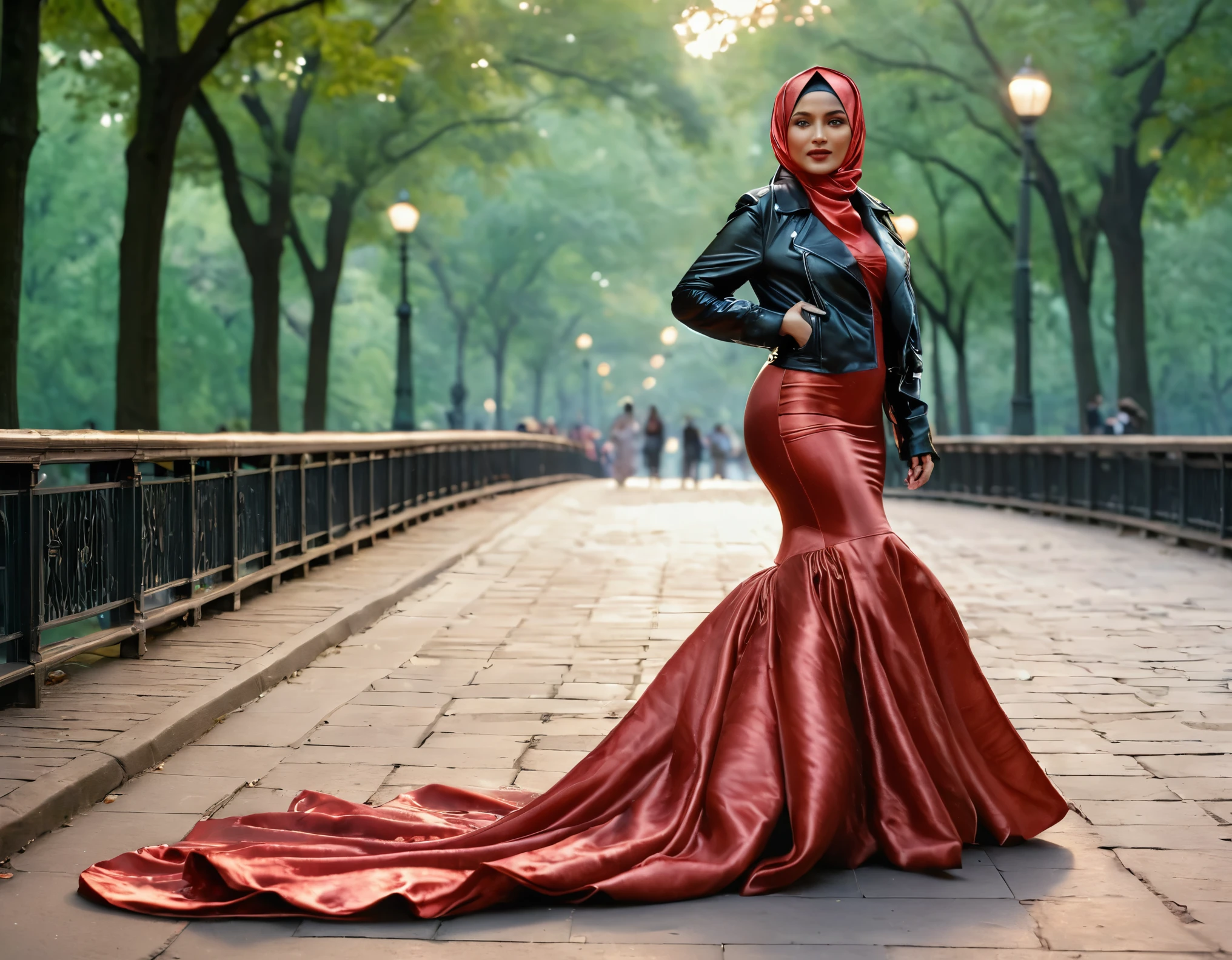 A woman shrouded in a 10-meter-long, plush red satin shimmer cloth, wear black leather jacket,tightly bound and grandly draping along the form of her body, flowing off into a pooled floor-length train, styled in a mermaid-inspired outfit, poof style in bottom dress, wear white satin shimmer simple hijab, 175 height woman, walk in central park, a full-body pose conveying a sense of elegance, captured in a 4k resolution, ultra-realistic, (best quality,4k,8k,highres,masterpiece:1.2),ultra-detailed,(realistic,photorealistic,photo-realistic:1.37),HDR,UHD,studio lighting,ultra-fine painting,sharp focus,physically-based rendering,extreme detail description,professional,vivid colors,bokeh,portraits,fantasy,cinematic lighting