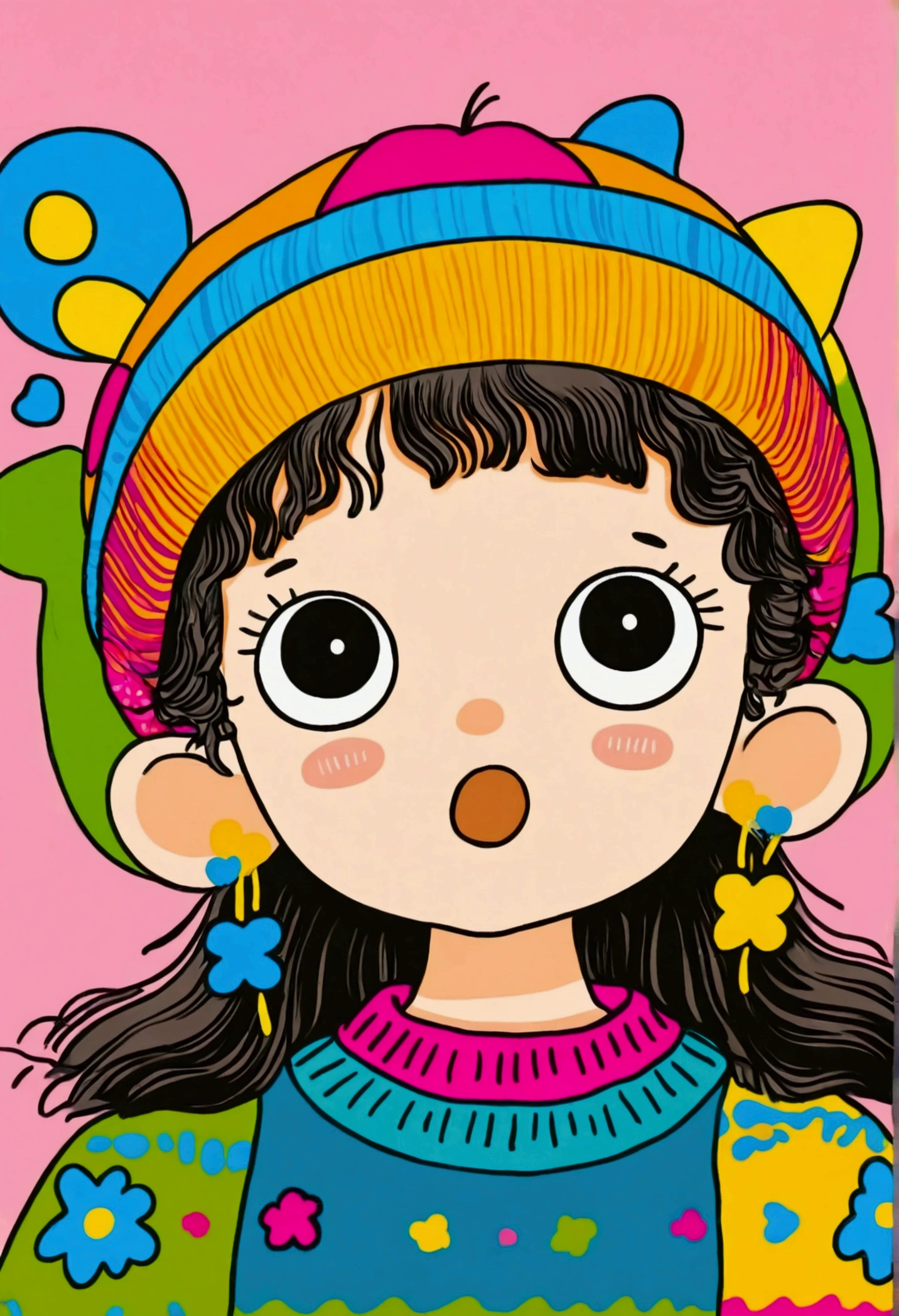 Cartoon stick figure：Close-up of a little child wearing a colorful sweater and hat, Digital art inspired by Hikari Shimoda, cg Social Hotspot, Toyism, Cute, colorful and adorable, Colorful and fashionable, Innocent expression. rich and vivid colors, Cute young girl, Colorful clothes Colorful clothes, Colorful, cute cartoon, Cute girl, Colorful, Multicolor