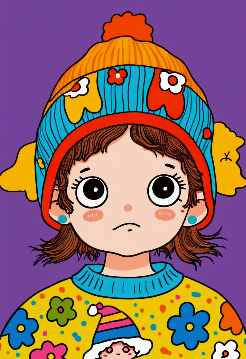 Cartoon stick figure：Close-up of a little child wearing a colorful sweater and hat, Digital art inspired by Hikari Shimoda, cg Social Hotspot, Toyism, Cute, colorful and adorable, Colorful and fashionable, Innocent expression. rich and vivid colors, Cute young girl, Colorful clothes Colorful clothes, Colorful, cute cartoon, Cute girl, Colorful, Multicolor