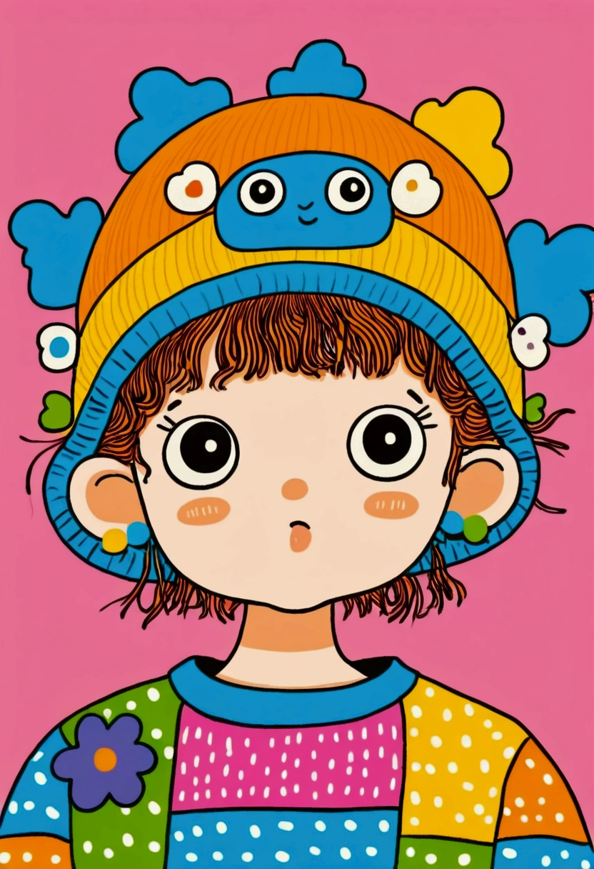 Cartoon stick figure：Close-up of a little child wearing a colorful sweater and hat, Digital art inspired by Hikari Shimoda, cg Social Hotspot, Toyism, Cute, colorful and adorable, Colorful and fashionable, Innocent expression. rich and vivid colors, Cute young girl, Colorful clothes Colorful clothes, Colorful, cute cartoon, Cute girl, Colorful, Multicolor