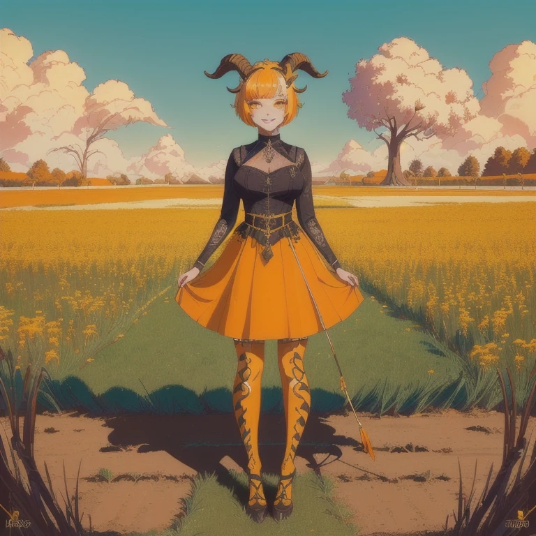 a sátiro with goat horns, animal ears, hooves, standing alone in a field, 1 girl, yellow bob hairstyle, happy expression, full body, detailed face, extremely detailed eyes and face, orange eyes, highres, best quality, 8k, cinematic lighting, fantasy art, surreal, colorful, vibrant colors