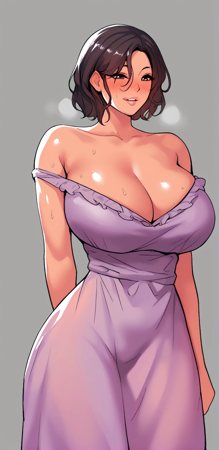 score_9, score_8_superior, score_7_superior, score_6_superior, score_5_superior, score_4_superior, Yuhee, brown eye, black Hair, length Hair, big breasts, Mature woman,  a girl, length_Hair, Blush, Sweat, purple_eye, brown_Hair, lips, purple_Hair, Alone, dress, length dress, joy, Exposing the shoulders, loose dress, Room、、pose sexy、　Subjective date, clavicle 、short Hair、of four、Licking、slouch、night