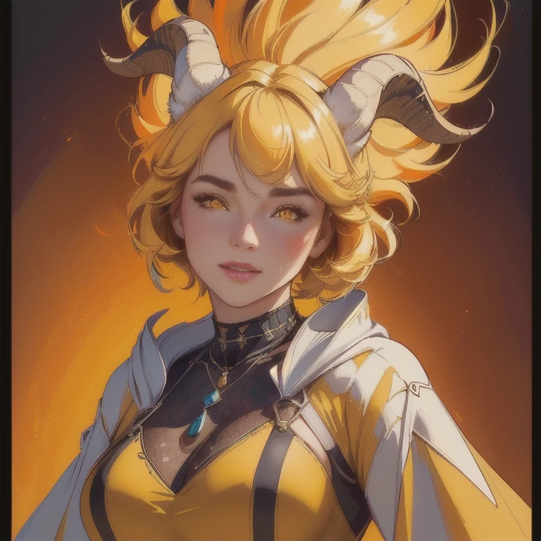 a sátiro with goat horns, animal ears, hooves, standing alone in a field, 1 girl, yellow bob hairstyle, happy expression, full body, detailed face, extremely detailed eyes and face, orange eyes, (best quality,4k,8k,highres,masterpiece:1.2),ultra-detailed,(realistic,photorealistic,photo-realistic:1.37),HDR,UHD,studio lighting,ultra-fine painting,sharp focus,physically-based rendering,extreme detail description,professional,vivid colors,bokeh,fantasy art,surreal,colorful,vibrant colors