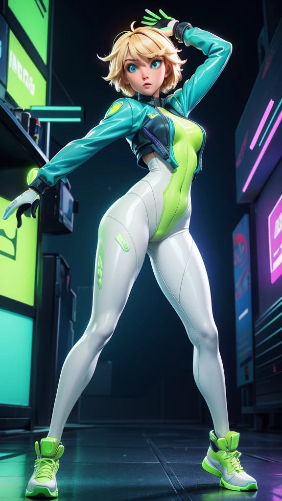 (ultra detailed,ultra high res,detailed background),((2D)),((flat color)),((muted color)),((floating neon)),1girl,solo,looking at viewer, BREAK, spray paint, graffiti, girl in a white fencing suit, long plush scarf, full body image, adult woman, anatomically perfect face, face in focus, symmetrical face, rollerskates, robot arms