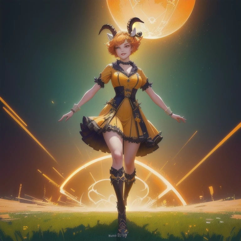 a satyr with goat horns, animal ears, hooves, standing alone in a field, 1 girl, yellow bob hairstyle, happy expression, full body, detailed face, extremely detailed eyes and face, orange eyes, (best quality,4k,8k,highres,masterpiece:1.2),ultra-detailed,(realistic,photorealistic,photo-realistic:1.37),HDR,UHD,studio lighting,ultra-fine painting,sharp focus,physically-based rendering,extreme detail description,professional,vivid colors,bokeh,fantasy art,surreal,colorful,vibrant colors