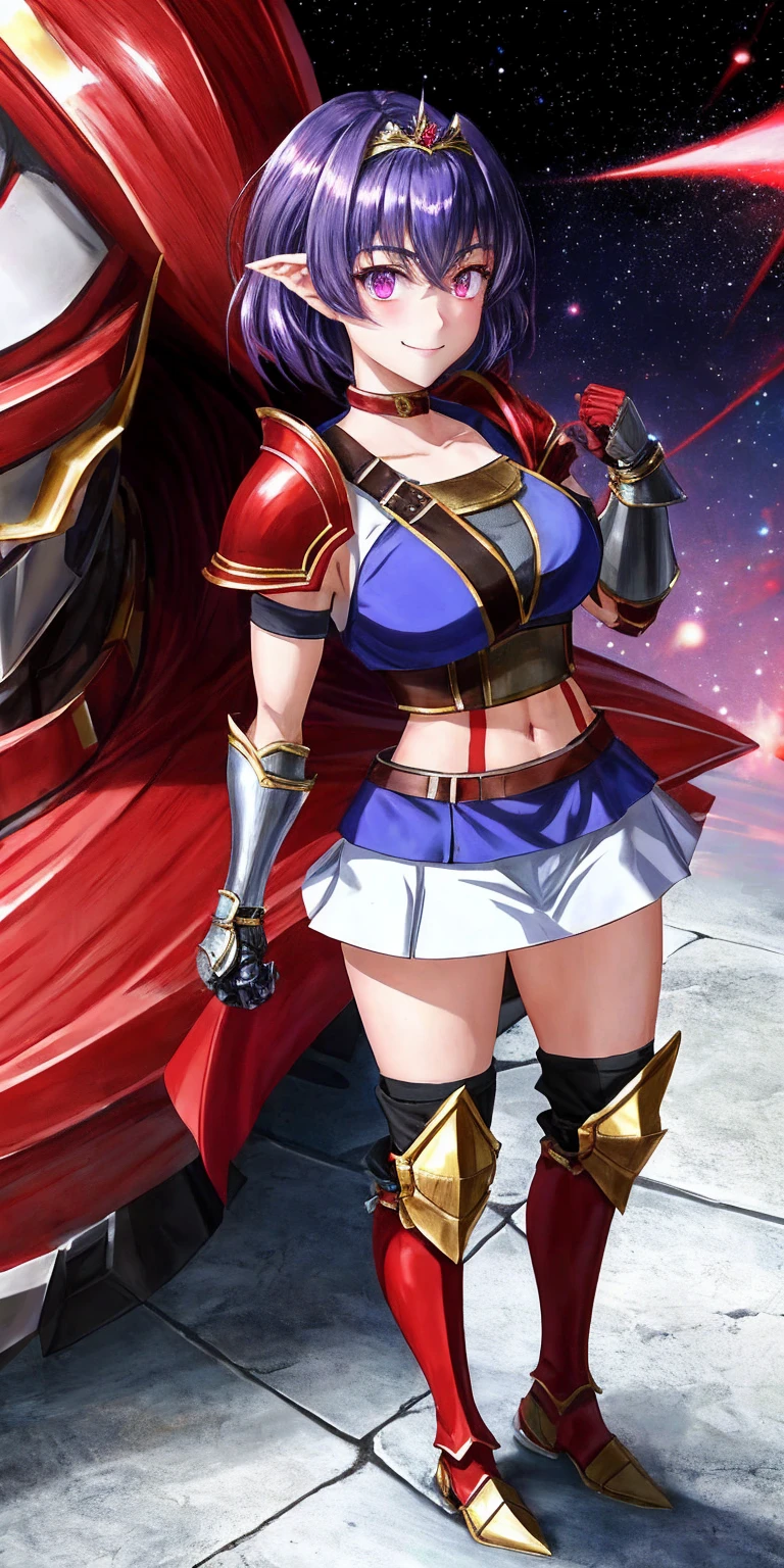 full body, Miria, RED breastplate, looking at viewer, shiny, armor, thighhighs, high boots,shoulder armor, faulds, poleyn, gloves, gauntlets, rerebrace armored boots, pauldrons,(masterpiece, best quality, ultra-detailed, best shadow) pointy ears, muscular lean, purple hair and red eyes, lustful smirking smile face red blushed, blush, strong abs, female body builder, tiara