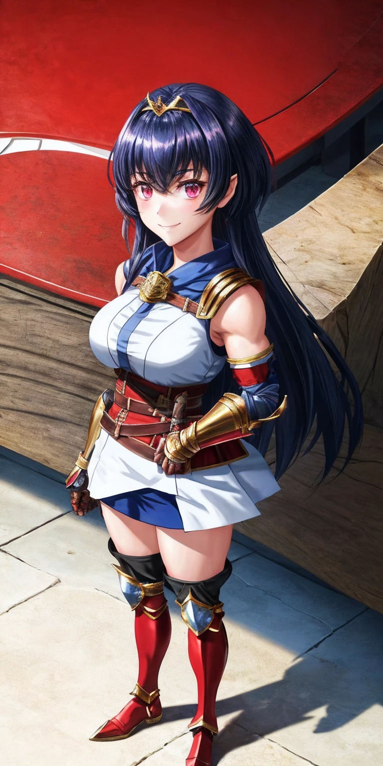 full body, Miria, RED breastplate, looking at viewer, shiny, armor, thighhighs, high boots,shoulder armor, faulds, poleyn, gloves, gauntlets, rerebrace armored boots, pauldrons,(masterpiece, best quality, ultra-detailed, best shadow) pointy ears, muscular lean, purple hair and red eyes, lustful smirking smile face red blushed, blush, strong abs, female body builder, tiara