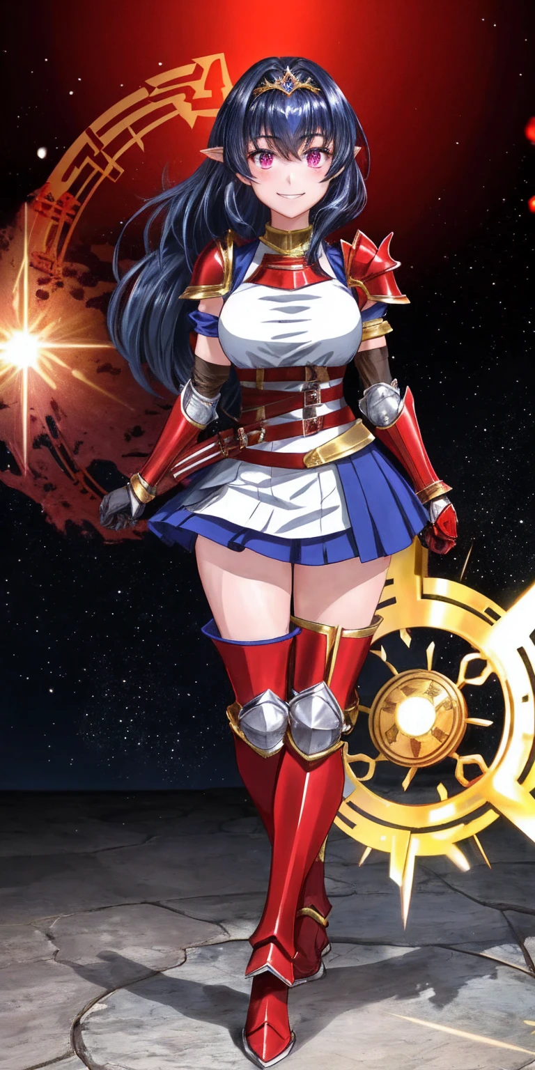 full body, Miria, RED breastplate, looking at viewer, shiny, armor, thighhighs, high boots,shoulder armor, faulds, poleyn, gloves, gauntlets, rerebrace armored boots, pauldrons,(masterpiece, best quality, ultra-detailed, best shadow) pointy ears, muscular lean, purple hair and red eyes, lustful smirking smile face red blushed, blush, strong abs, female body builder, tiara