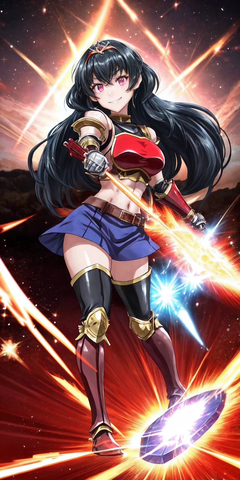 full body, Miria, RED breastplate, looking at viewer, shiny, armor, thighhighs, high boots,shoulder armor, faulds, poleyn, gloves, gauntlets, rerebrace armored boots, pauldrons,(masterpiece, best quality, ultra-detailed, best shadow) pointy ears, muscular lean, purple hair and red eyes, lustful smirking smile face red blushed, blush, strong abs, female body builder, tiara