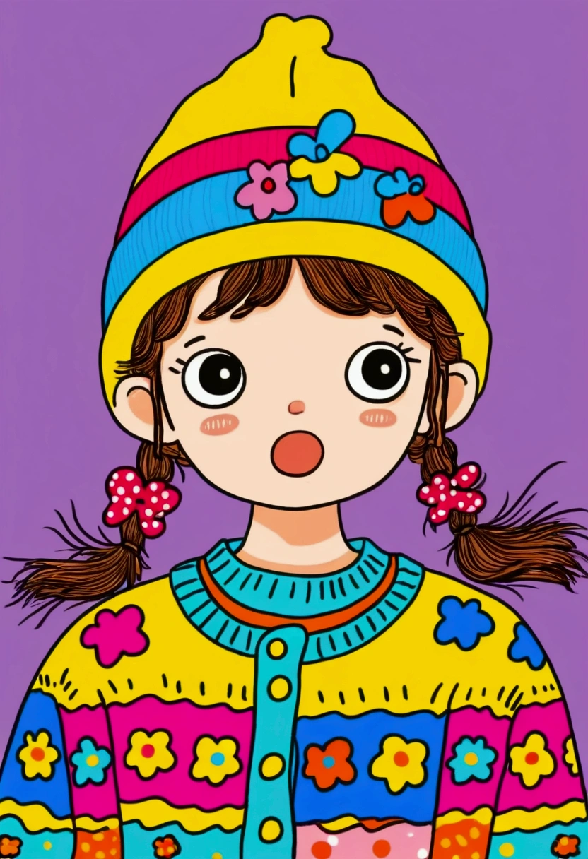 Cartoon stick figure：Close-up of a little child wearing a colorful sweater and hat, Digital art inspired by Hikari Shimoda, cg Social Hotspot, Toyism, Cute, colorful and adorable, Colorful and fashionable, Innocent expression. rich and vivid colors, Cute young girl, Colorful clothes Colorful clothes, Colorful, cute cartoon, Cute girl, Colorful, Multicolor