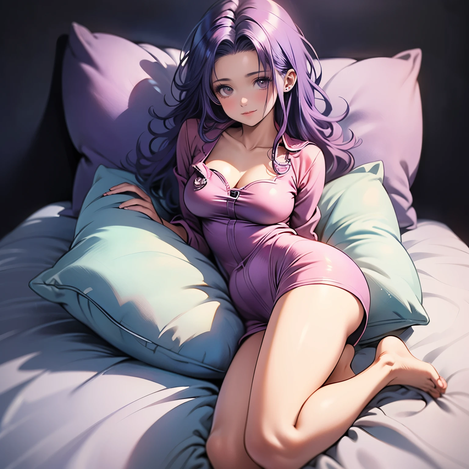 (masterpiece), best quality, 1girl, expressive eyes, perfect face, (purple hair), perfect anatomy, full body, 4k, HDR, full HD, alone, has a sad face, her cheeks are blushing, she is lying in bed , she is wearing flirty pajamas, she has a V-neckline, the pajamas ride up a little bit, revealing her legs,